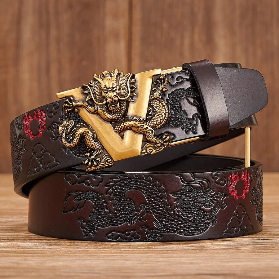 Brown Leather Belt with Gold Colour Buckle and Dragon Design. This is a front shot