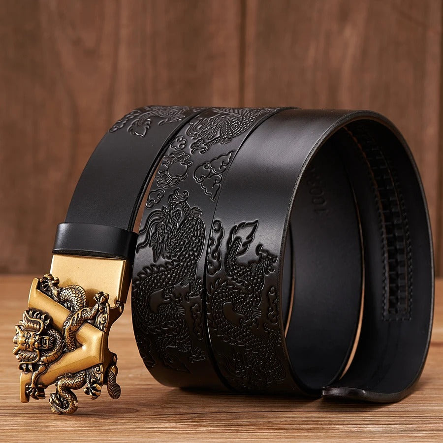 Brown Leather Belt with Gold Colour Buckle and Dragon Design. This is a Standing shot, which show the engravings on the leather.