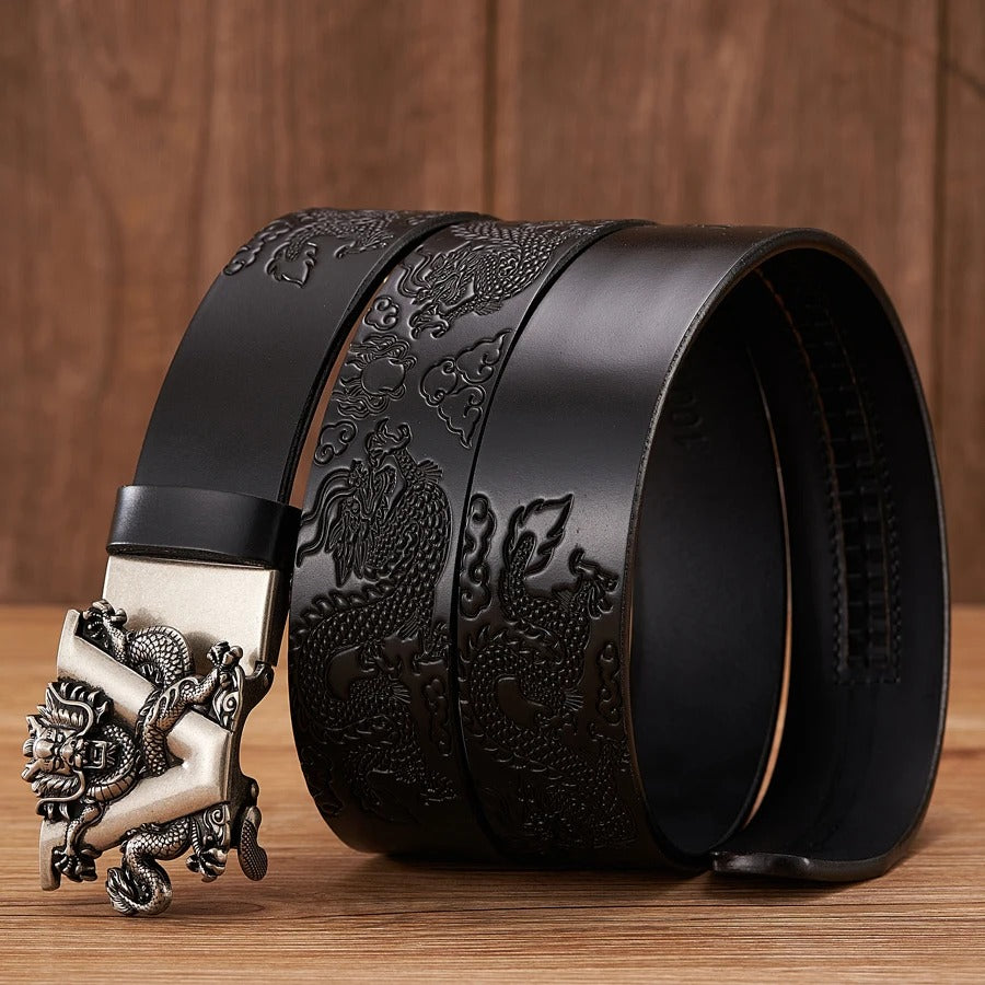 Brown Leather Belt with Silver Colour Buckle and Dragon Design. This is a Standing shot, which show the engravings on the leather.