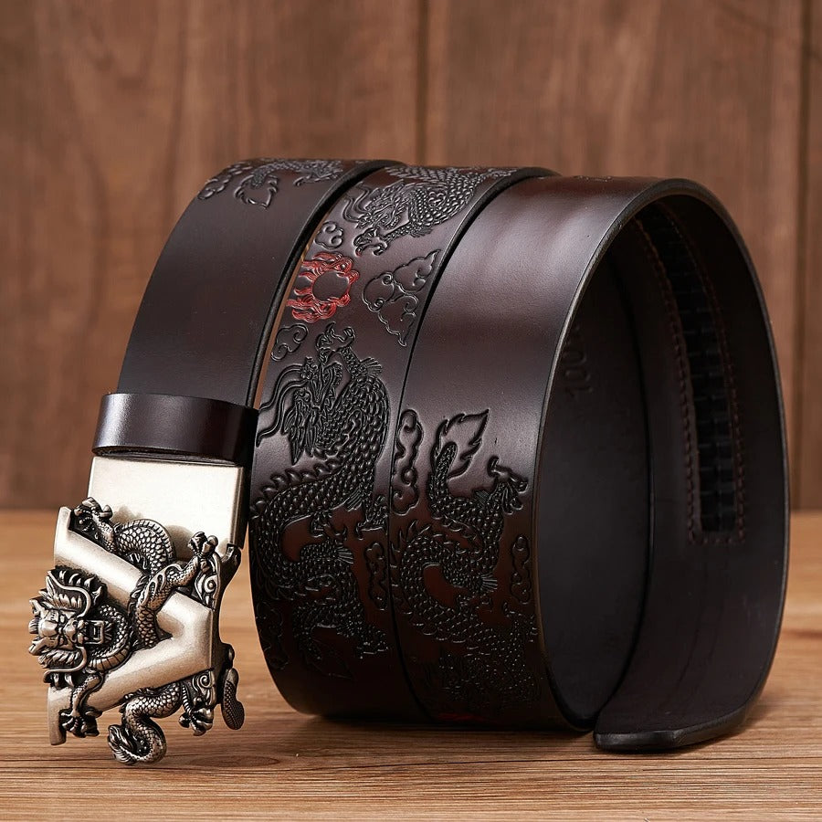 Brown Leather Belt with Silver Colour Buckle and Dragon Design. This is a Standing shot, which show the engravings on the leather.